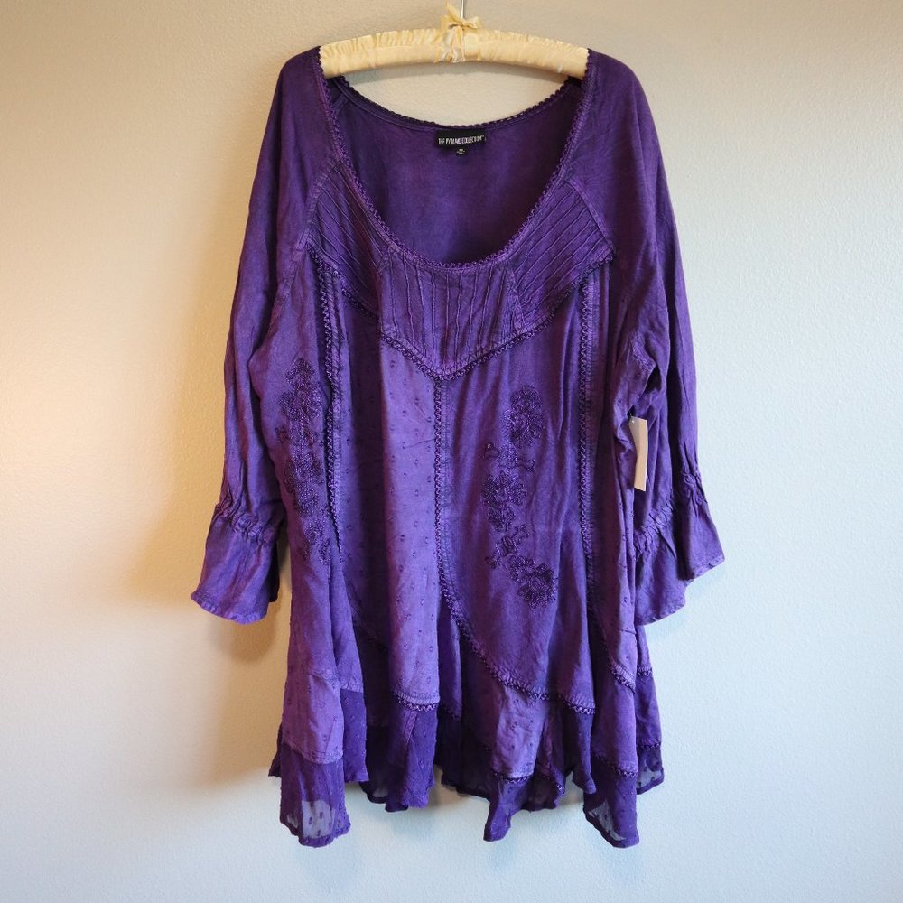 The Pyramid Collection Acid Washed Purple Tie-Back Tunic Style Boho Shirt Top 3X